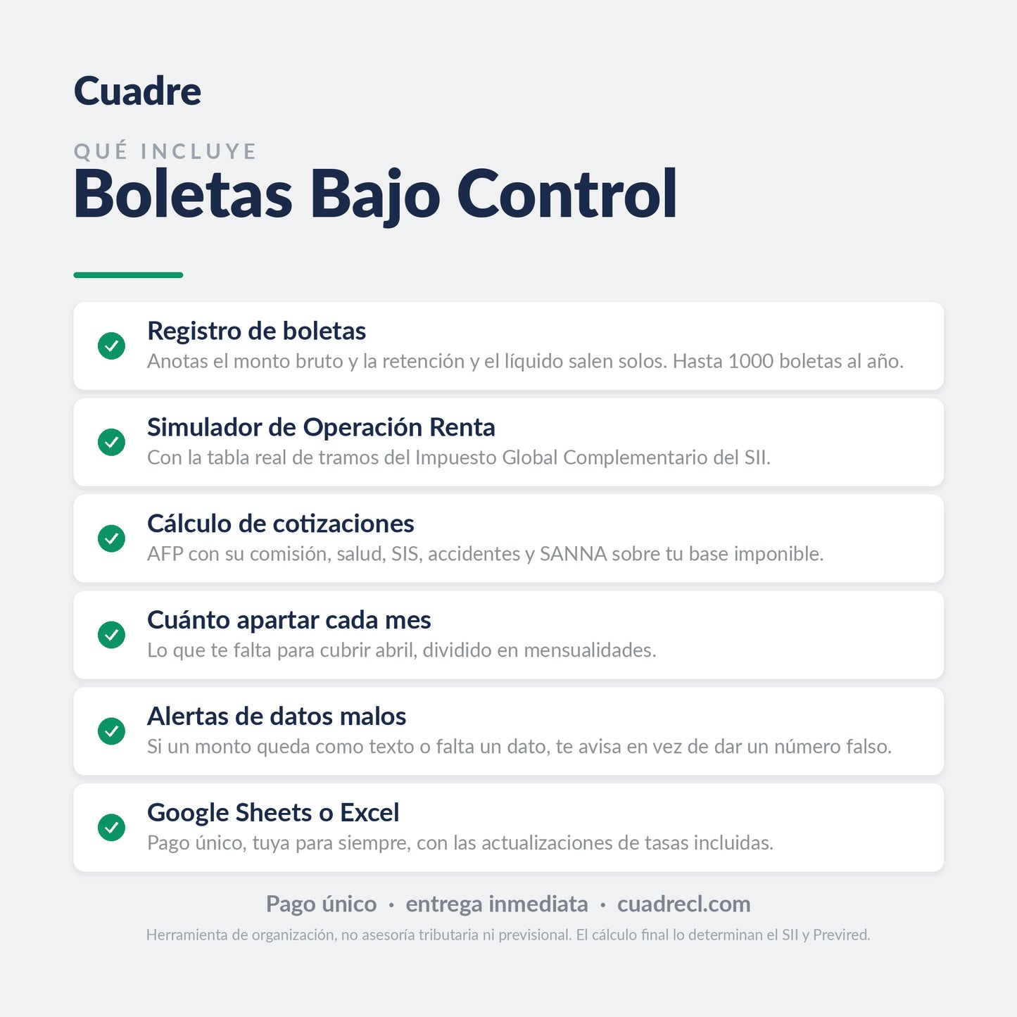 Qué incluye Boletas Bajo Control más Operación Renta: registro de boletas de honorarios, simulador de renta con los tramos del SII, cálculo de cotizaciones AFP y salud, y alertas cuando un dato queda mal escrito.