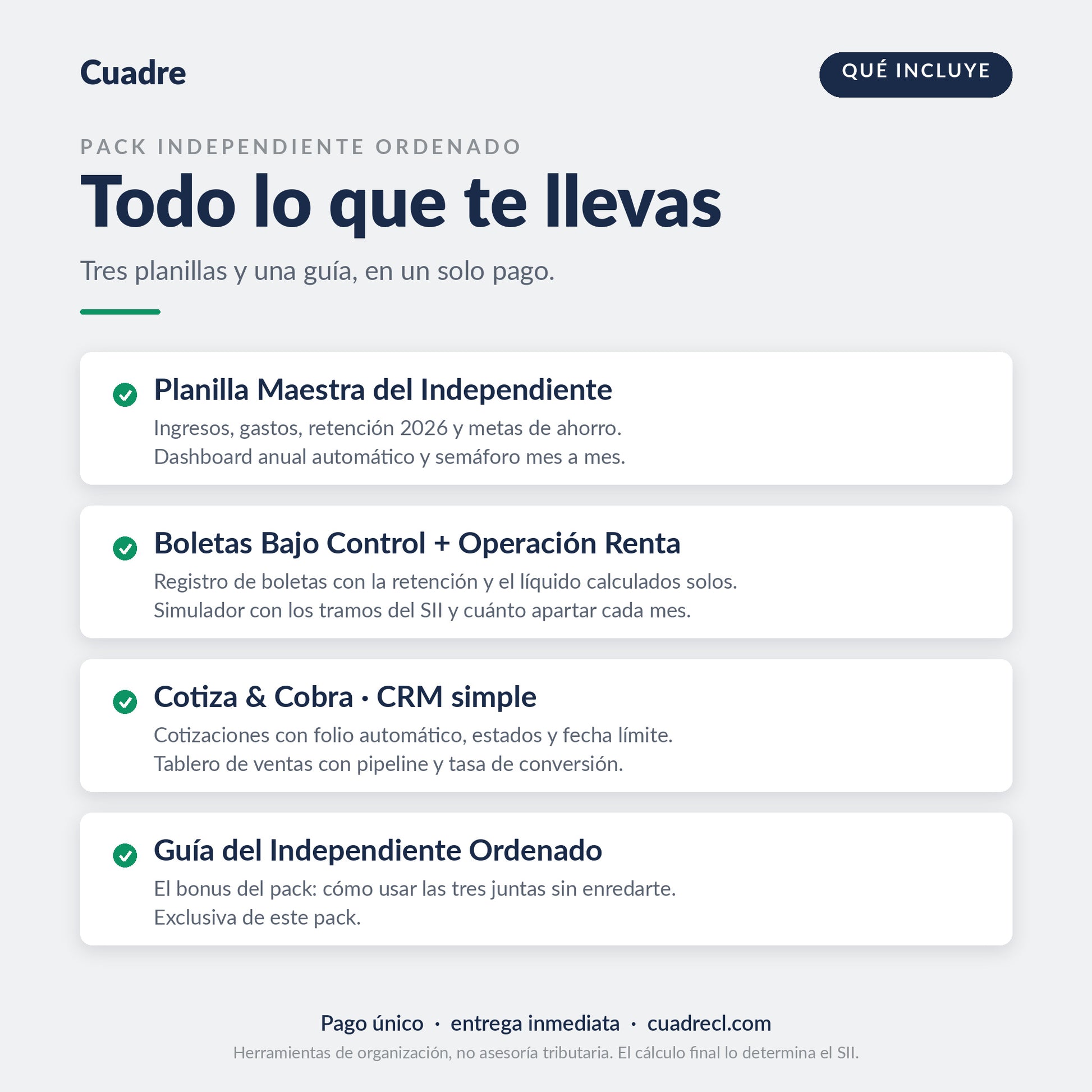 Qué incluye el Pack Independiente Ordenado: Planilla Maestra del Independiente, Boletas Bajo Control más Operación Renta, Cotiza & Cobra CRM simple y la guía bonus del pack. Pago único y entrega inmediata.