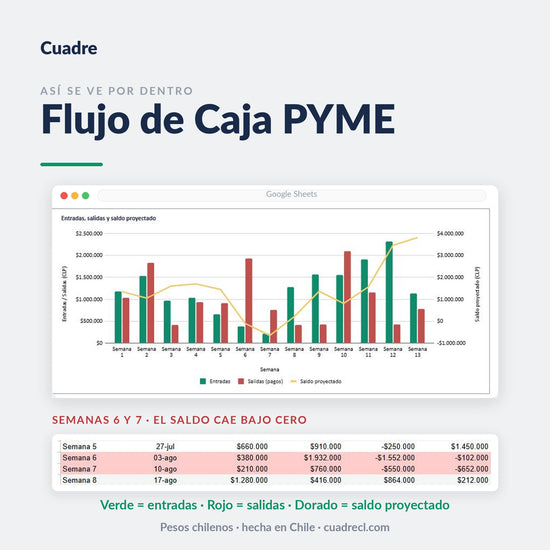 Video demo del Flujo de Caja PYME 13 semanas: se anotan movimientos en Registro y las 13 semanas se van poblando, con dos semanas en rojo bajo cero